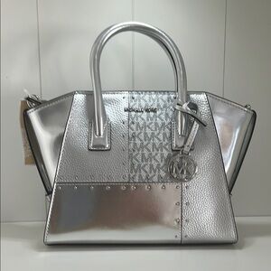 Avril Small Metallic Studded Patchwork & Signature Logo Satchel-NWT